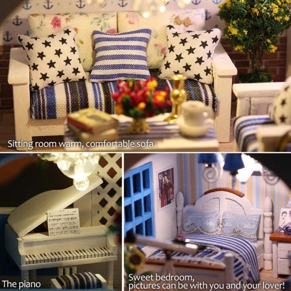 DIY Blue White Town Handcraft Music Miniature Dollhouse