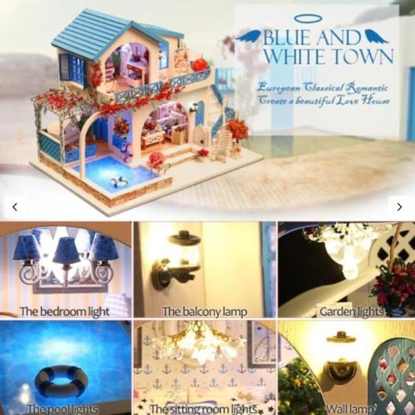 DIY Blue White Town Handcraft Music Miniature Dollhouse