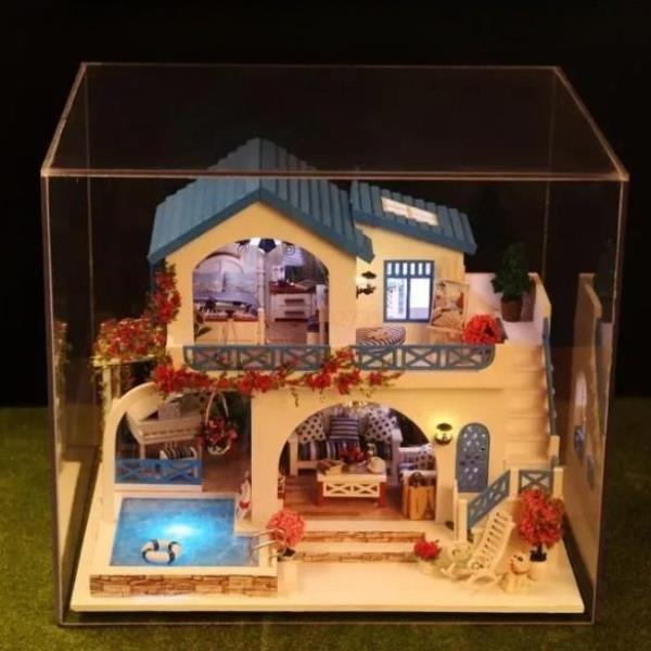 DIY Blue White Town Handcraft Music Miniature Dollhouse