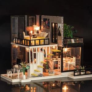 Elegant Quiet Swimming Pool Duplex DIY Music Miniature Dollhouse