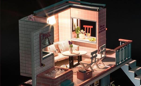 DIY Wooden Pink Cafe Handcraft Music Miniature Dollhouse