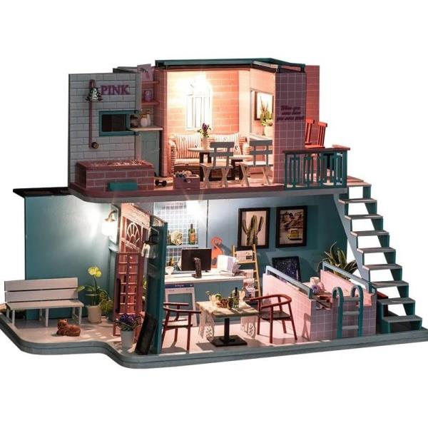 DIY Wooden Pink Cafe Handcraft Music Miniature Dollhouse