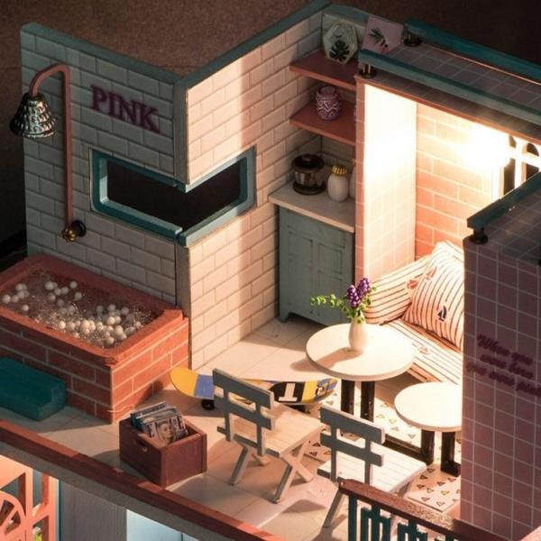 DIY Wooden Pink Cafe Handcraft Music Miniature Dollhouse