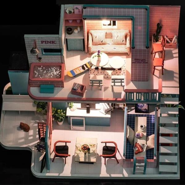 DIY Wooden Pink Cafe Handcraft Music Miniature Dollhouse