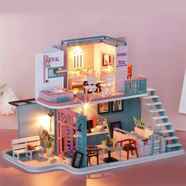 DIY Wooden Pink Cafe Handcraft Music Miniature Dollhouse