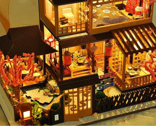 Mini DIY Japanese Sakura House LED Miniature Dollhouse