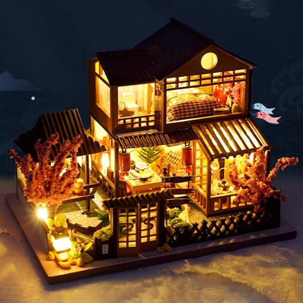 Mini DIY Japanese Sakura House LED Miniature Dollhouse