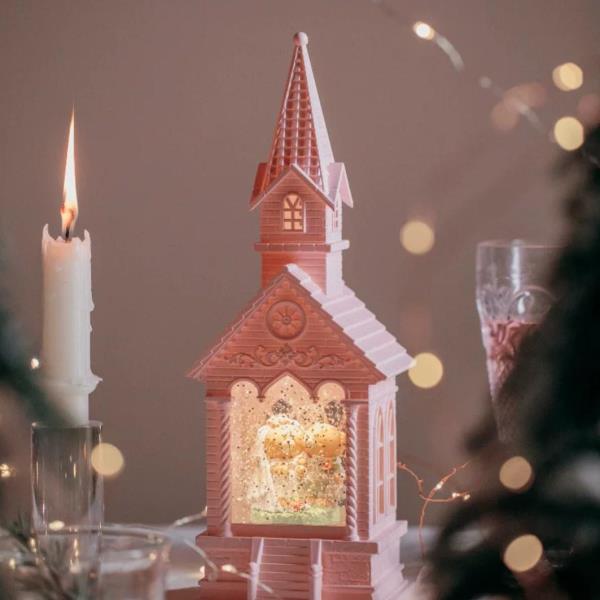 Pink Church Music Light Snow Globe