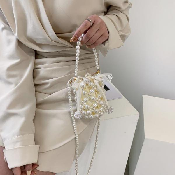 Mini White Pearl Beaded Crossbody Bag