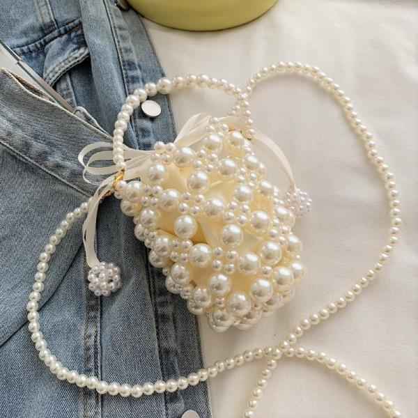 Mini White Pearl Beaded Crossbody Bag