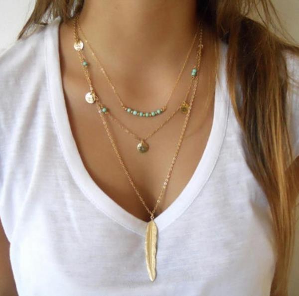 Bohemian Turquoise Multi Layer Feather Necklace