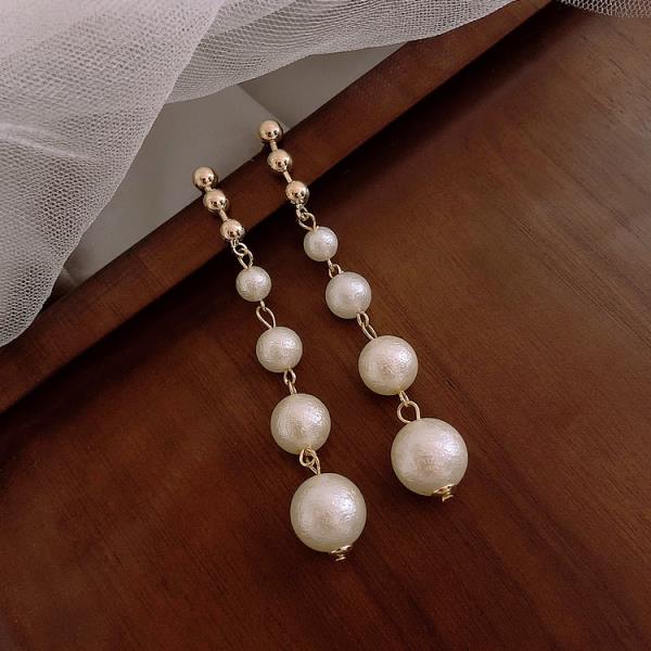 White Pearl Long Pendant Earrings