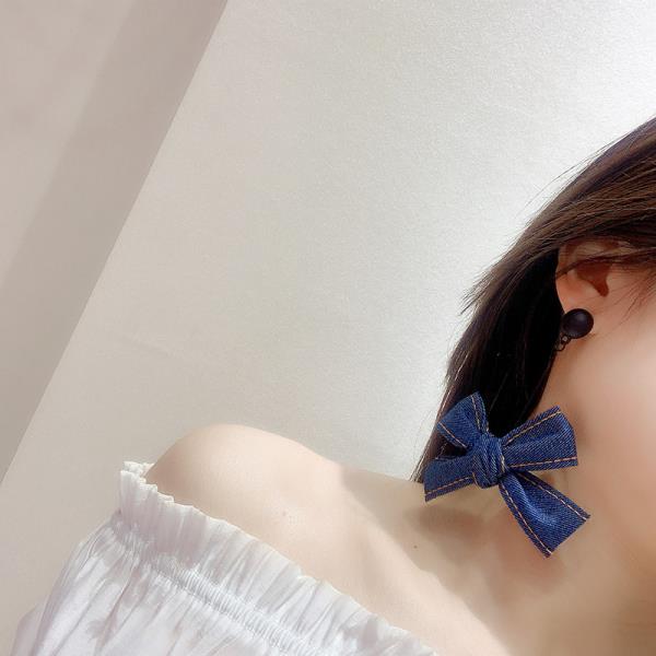 Blue Denim Jean Bow Pendant Earrings