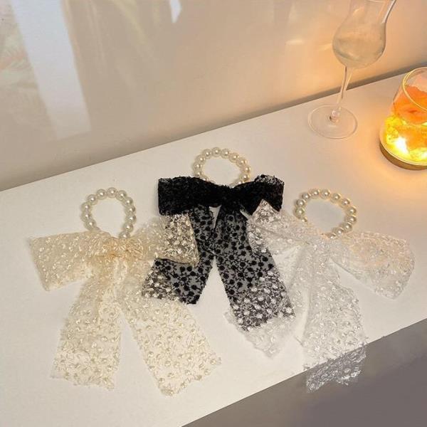 Lace Bow Pearl Hair Tie