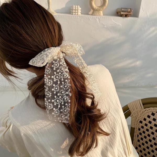 Lace Bow Pearl Hair Tie