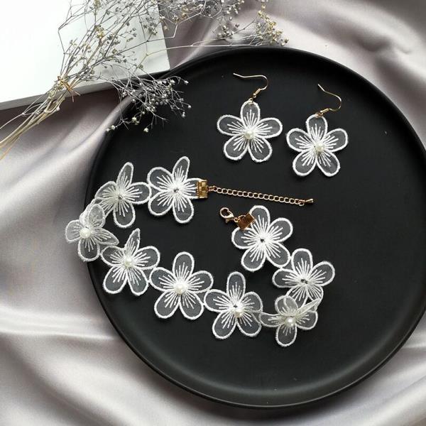 White Lace Pearl Necklace Earrings Jewellery Set