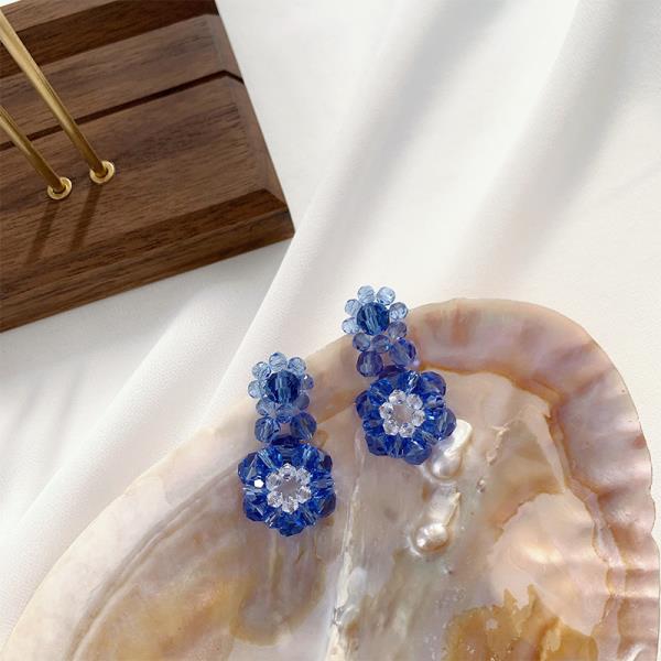 Blue Acrylic Woven Beads Flower Earrings