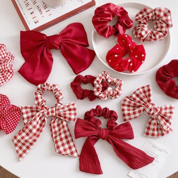 2 Pcs Red Tartan Bow Hair Tie Pin Set