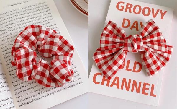 2 Pcs Red Tartan Bow Hair Tie Pin Set