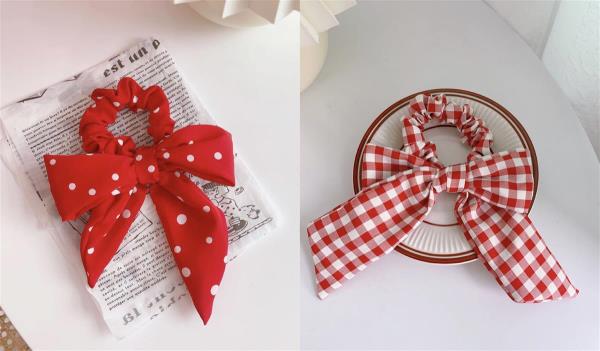 2 Pcs Red Tartan Bow Hair Tie Pin Set