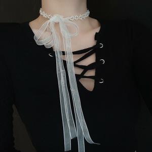 Silver Double Layer Chain Pearl Dangle Necklace