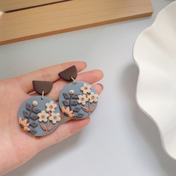 Retro Round 3D Ceramic Flower Dangle Earrings