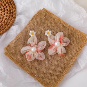 Fairy Pink Flower Pearl Lace Dangle Earrings