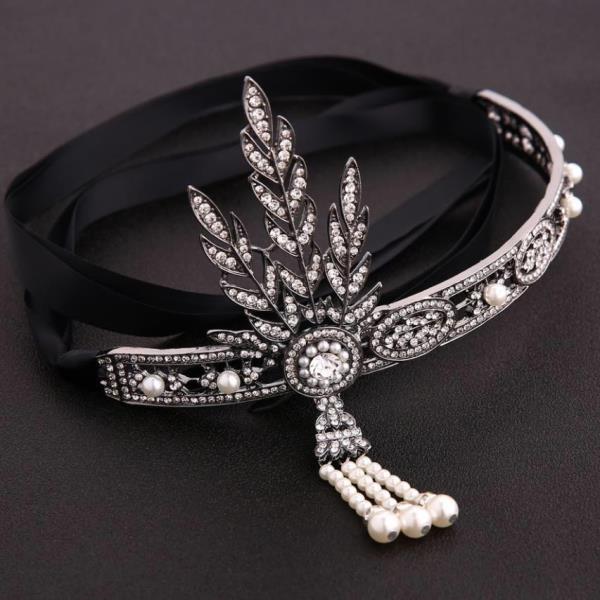 Full Crystal Pearl Tassel Feather Headband