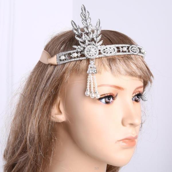 Full Crystal Pearl Tassel Feather Headband