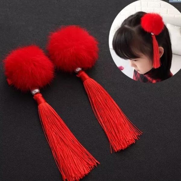 New Year Kids Red Pom Pom Hair Pins