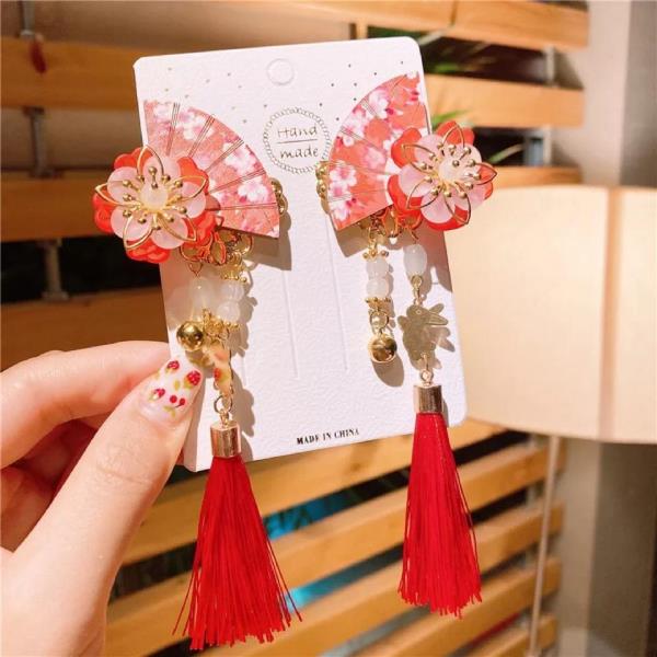 Kid Red Flower Fan Tassel Hair Pins