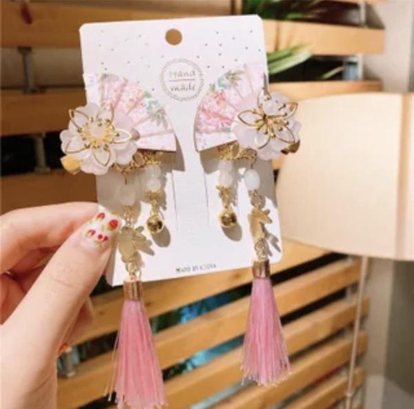 Kid Red Flower Fan Tassel Hair Pins