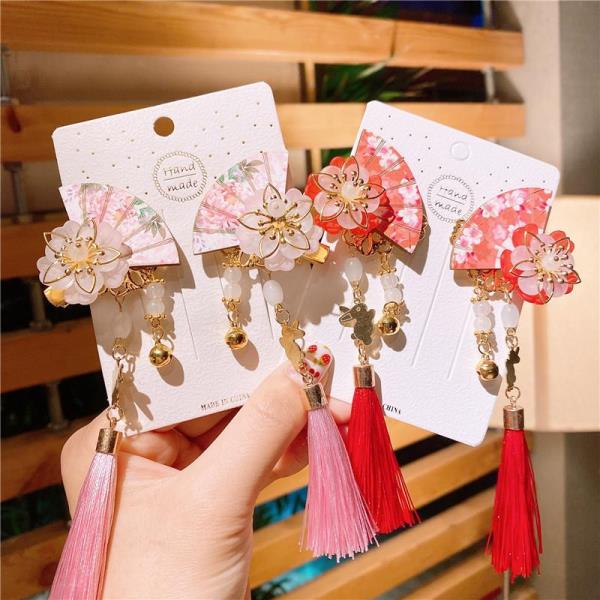 Kid Red Flower Fan Tassel Hair Pins