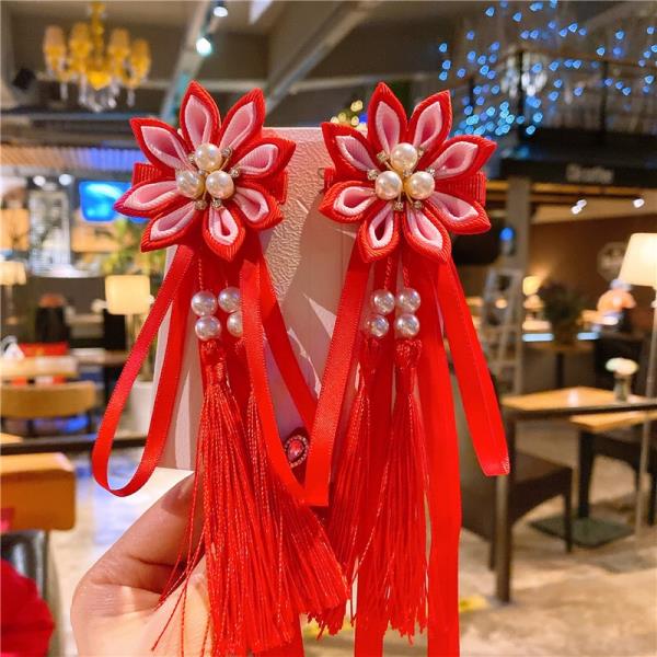 Kid Red Pearl Flower Tassel Hair Pins