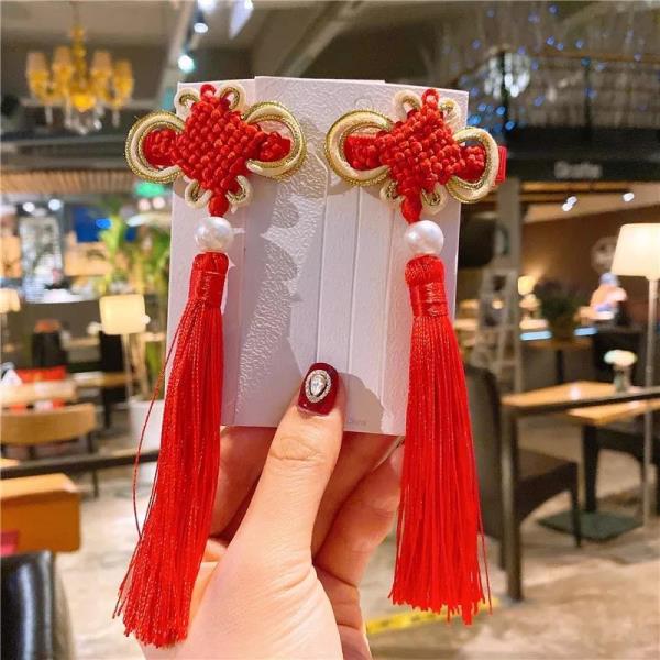 Kid New Year Red Knot Tassel Hair Pins 