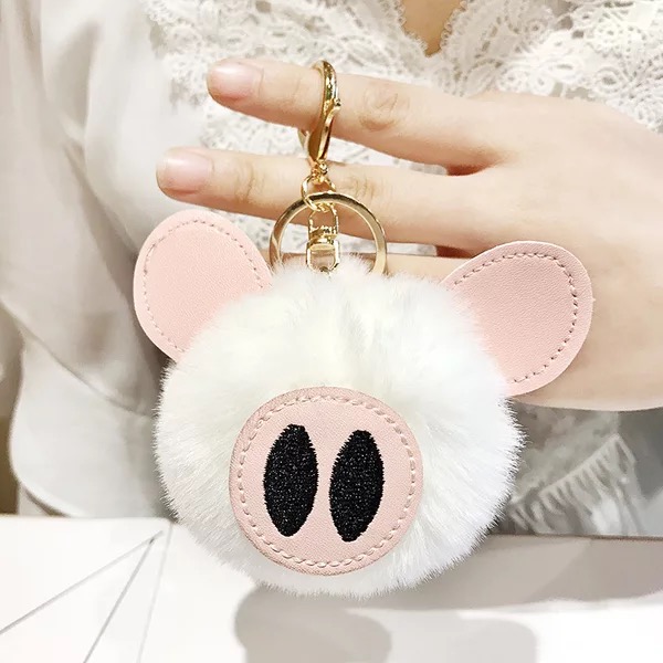 Cartoon Pig Faux Rabbit Fur Ball Dangle Keyring