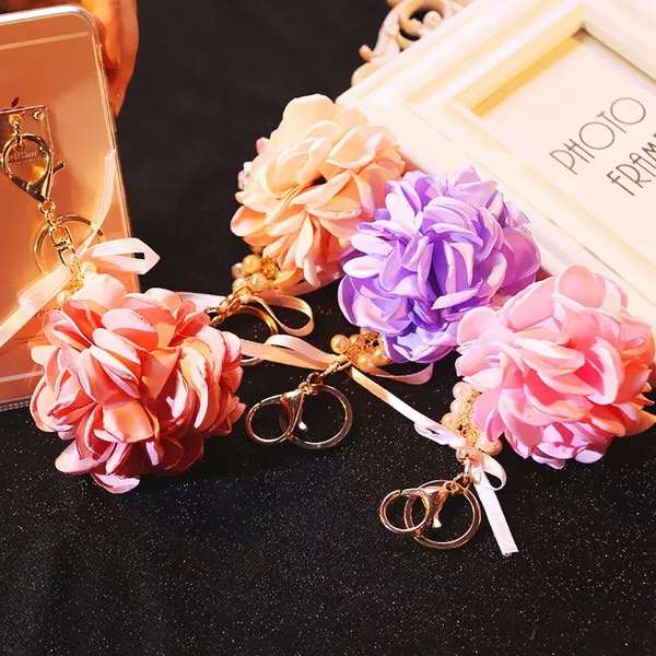 Chiffon Camellia Flower Pendant Keychain