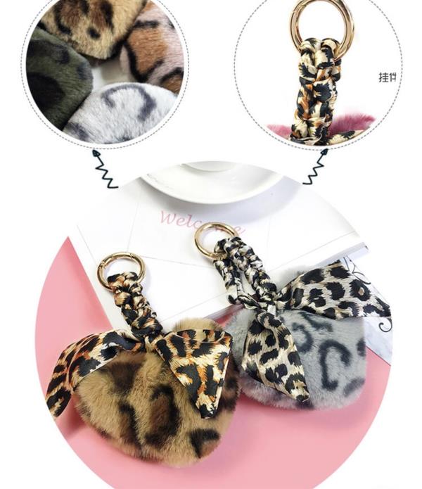 Leopard Silk Bow Faux Fur Heart Keyring