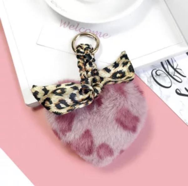 Leopard Silk Bow Faux Fur Heart Keyring