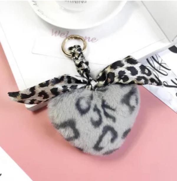 Leopard Silk Bow Faux Fur Heart Keyring