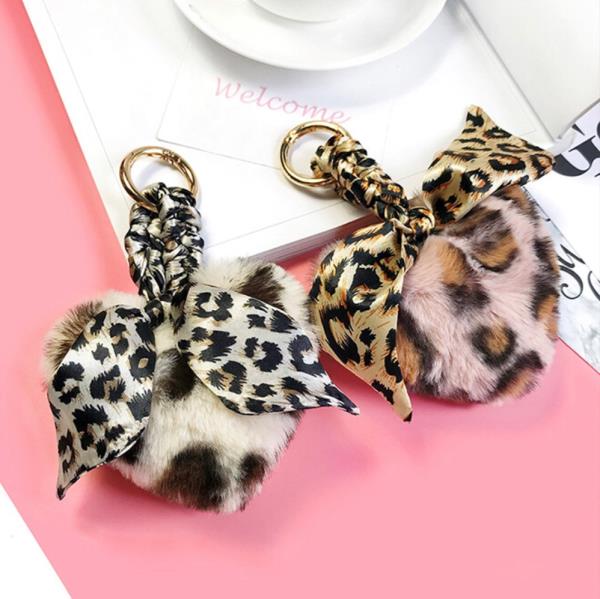 Leopard Silk Bow Faux Fur Heart Keyring