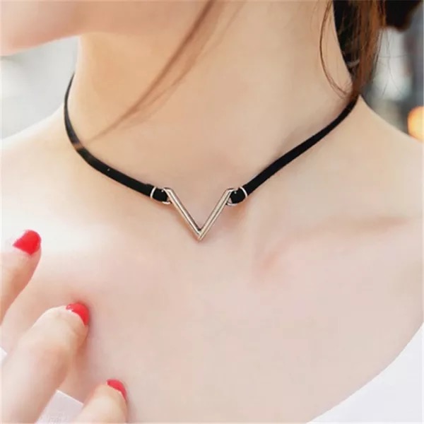 Simple V Shape Black Leather Choker