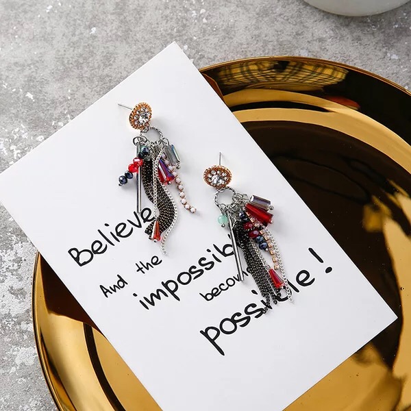 Multicolour Crystal Chain Tassel Pendant Earrings