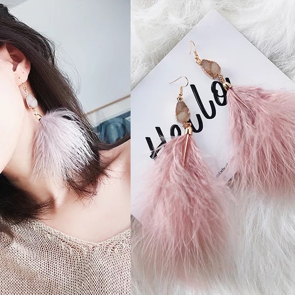 Sweet Crystal Feather Tassel Long Dangle Earrings