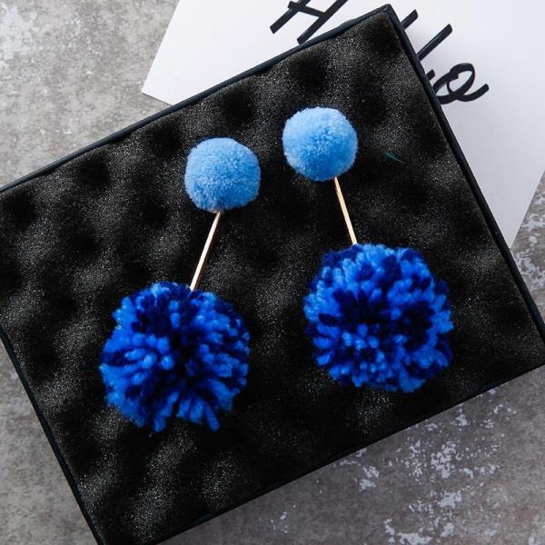 Dual Blue Pom Pom Long Pendant Earrings