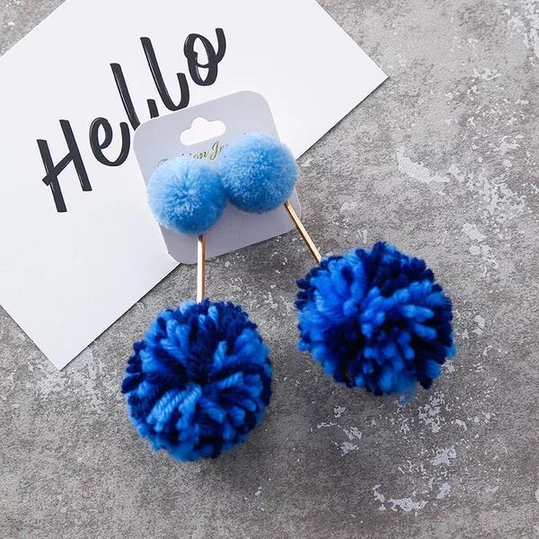 Dual Blue Pom Pom Long Pendant Earrings