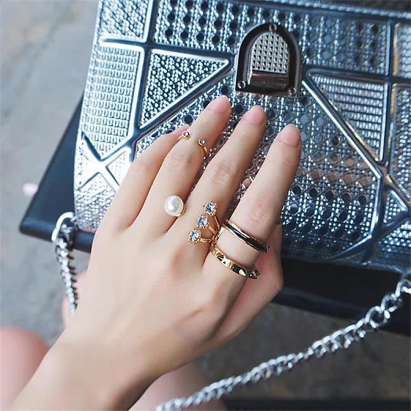 3 Pcs Pearl Crystal Gold Midi Finger Ring Set