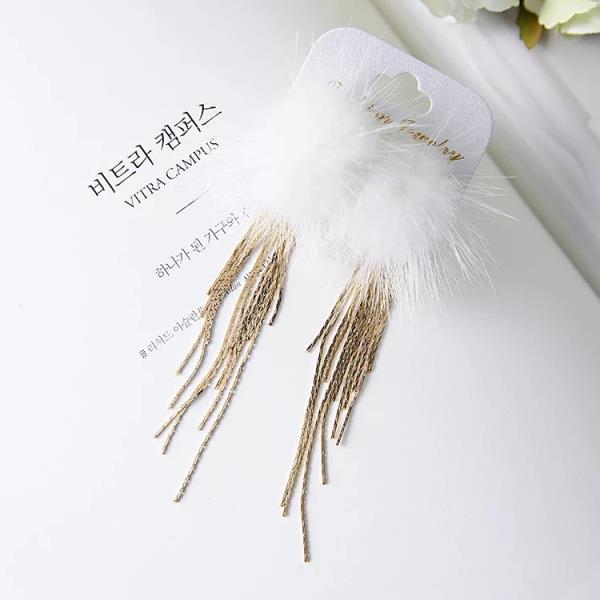 Luxury White Mink Fur Gold Metal Tassel Earrings