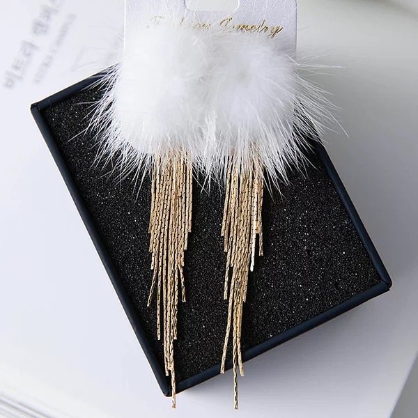 Luxury White Mink Fur Gold Metal Tassel Earrings