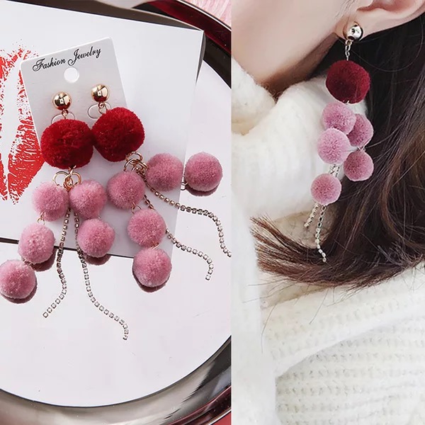 Luxury Fur Ball Crystal Long Pendant Earrings